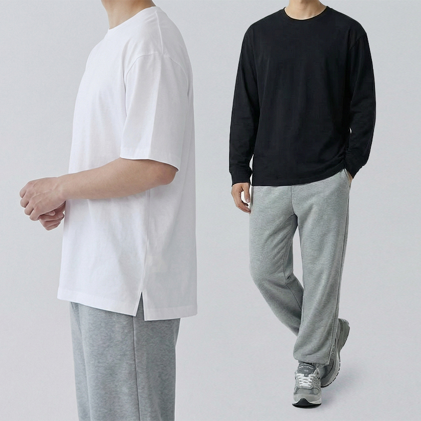 1+1 남자 레이어드티 20수 면티 남성 이너 무지 흰티 반팔 긴팔 - 상품 이미지