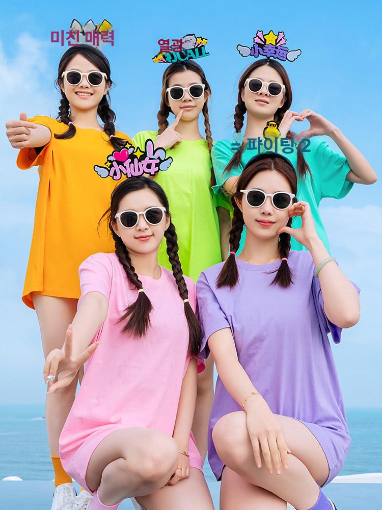 무지개티 맞춤티 가족여행 시밀러룩 우정 단체복 커플 형광녹색 S - 상세 이미지 3