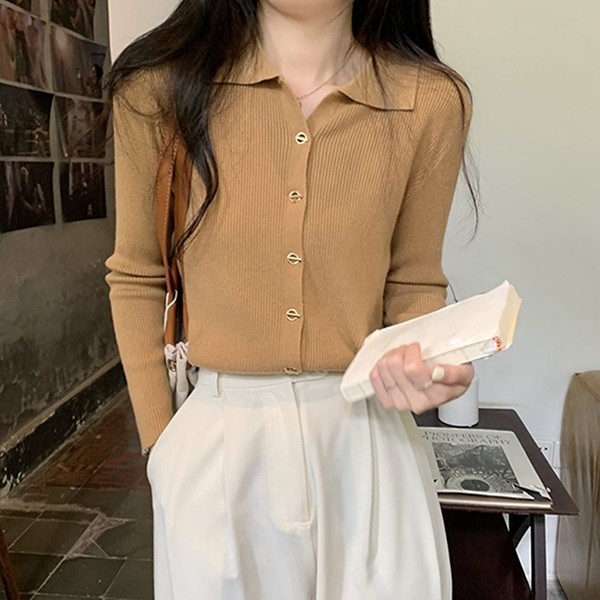 여성 카라 가디건 금장 단추 디자인 셔츠 - 상품 이미지