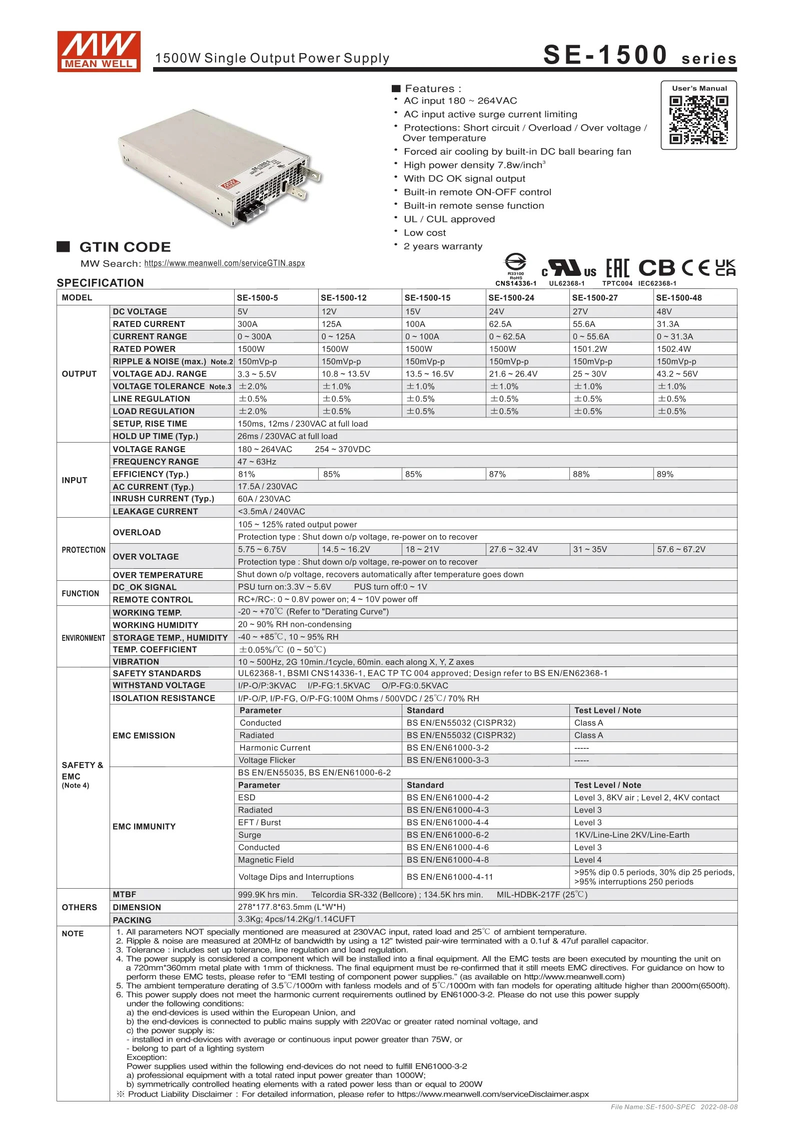 MEAN WELL SE-1500 SE-1500-24 스위칭 전원공급장치 1500W 62.5A