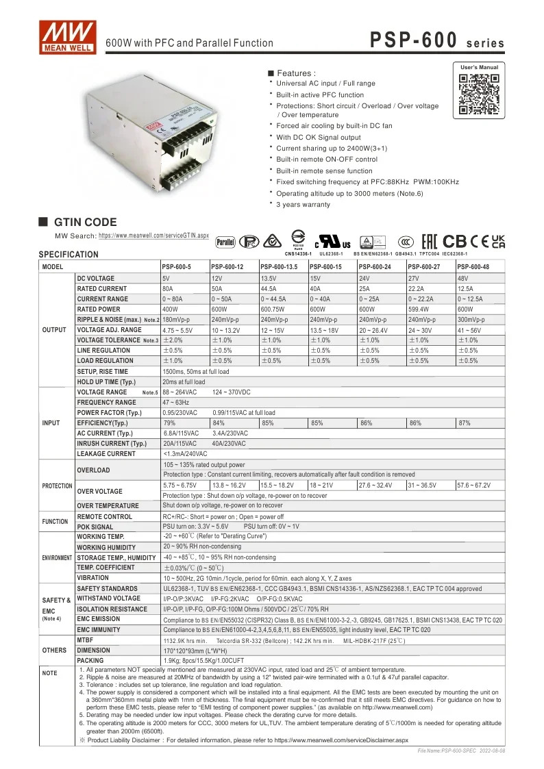MEAN WELL PSP-600-24 24V 25A Meanwell PSP-600 600W PFC 병렬 기능 전원공급장치