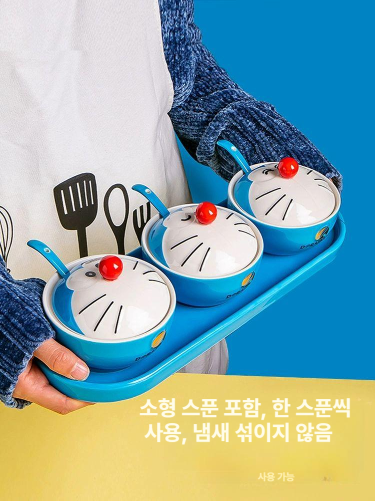 도라에몽 양념통 세트 양념 그릇 소스 통 도자기 뚜껑 숟가락 세트 MSG 소금 병 조미료 도라에몽 양념통 세트 - 상세 이미지 5