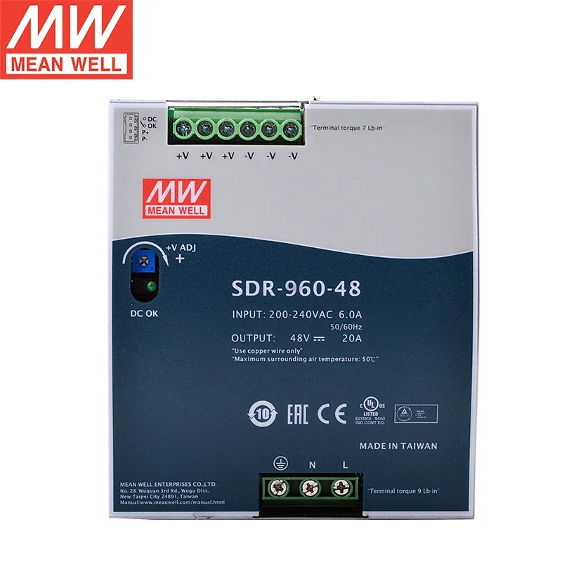 MEAN WELL SDR-960-24V 40A SDR-960-48V 20A 960W PFC 기능 단일 산업가이드 레일