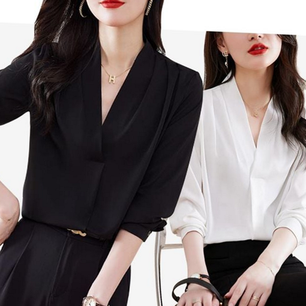 루즈핏 여성 브이넥 블라우스 베이직 여성 쉬폰 블라우스 정장 하객룩 - 상품 이미지