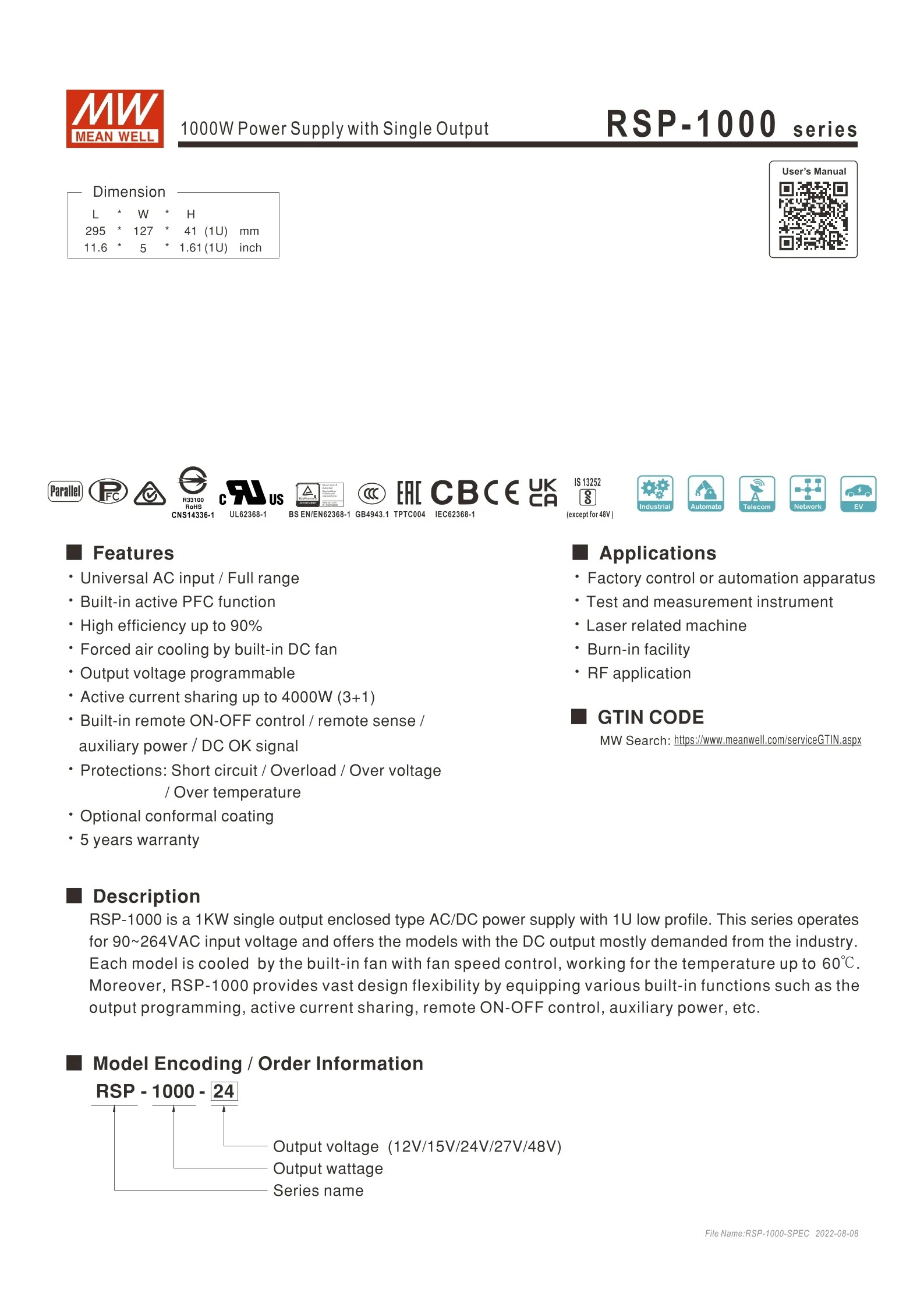 MEAN WELL RSP-1000-12 RSP-1000-15 RSP-1000-24 RSP-1000-27 RSP-1000-48 1000W 단일 출력 전원공급장치