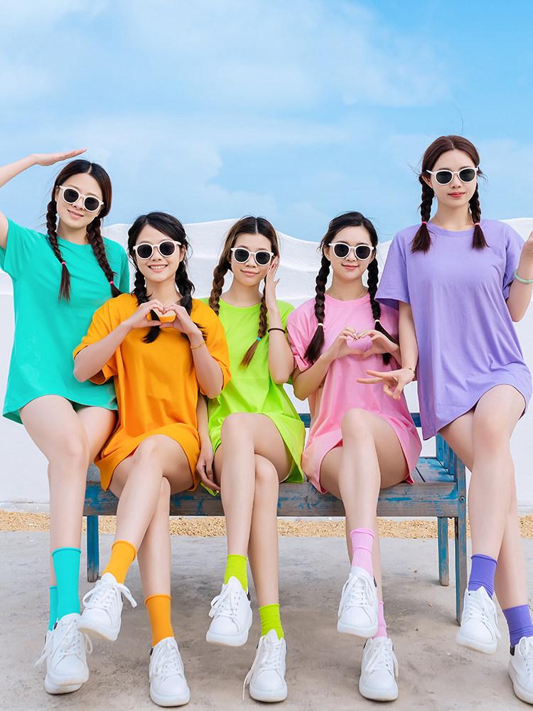 무지개티 맞춤티 가족여행 시밀러룩 우정 단체복 커플 형광녹색 S - 상세 이미지 4