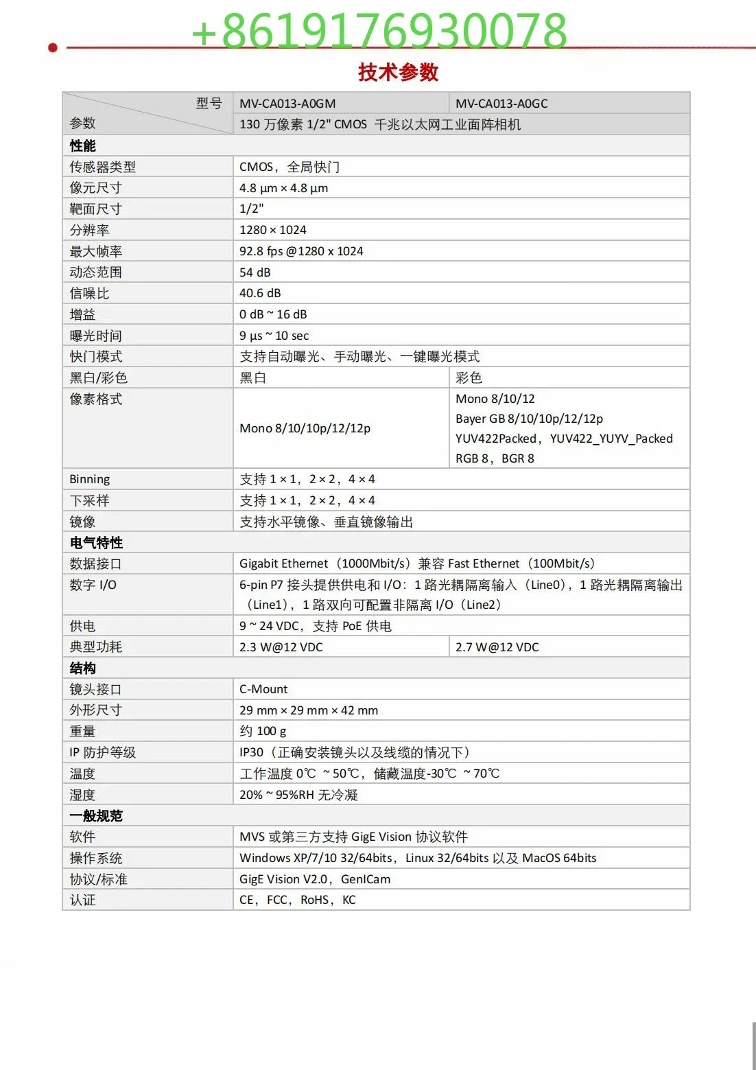 MV-CA013-A0GM호환 MV-CA013-A0GC 130만 1/2 네트워크 포트 산업카메라