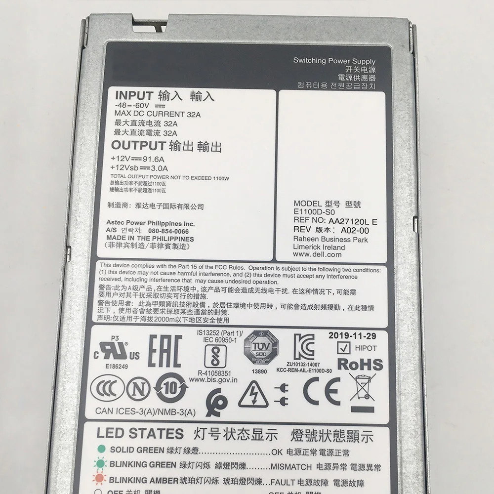 DELL 서버DC 전원공급장치 R920 R820 1100W E1100D-S0 0Y1MGX 05G4WK 5G4WK Y1MGX AA27120L E