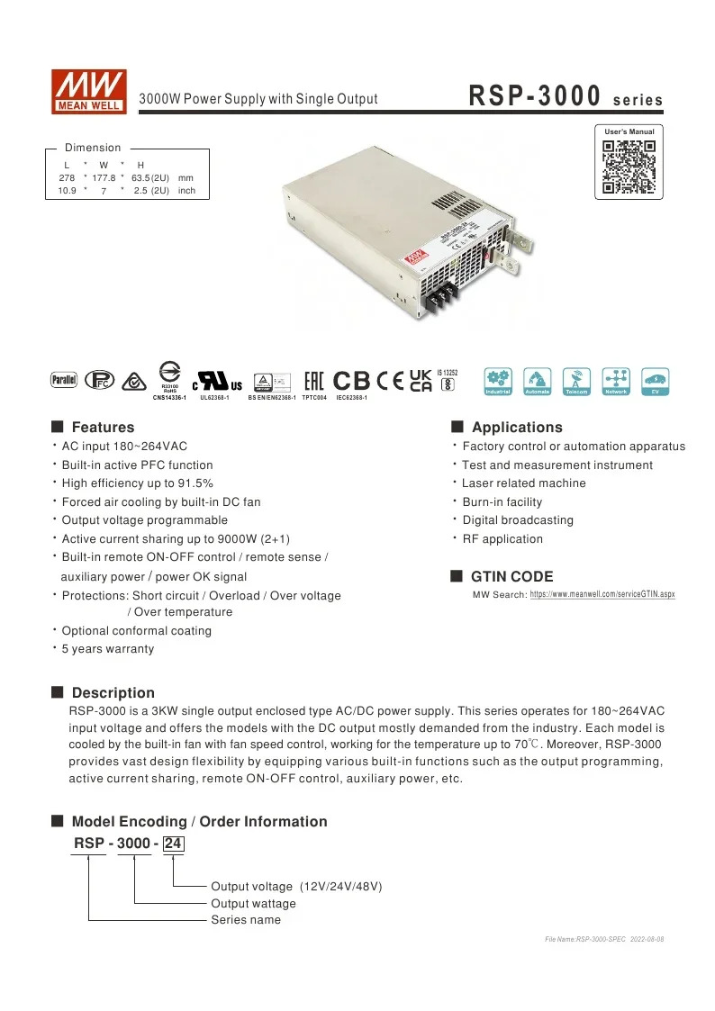 MEAN WELL RSP-3000-24V 고전력 DC 스위칭 전원공급장치 3000W125A 병렬로 조정 RSP-3000