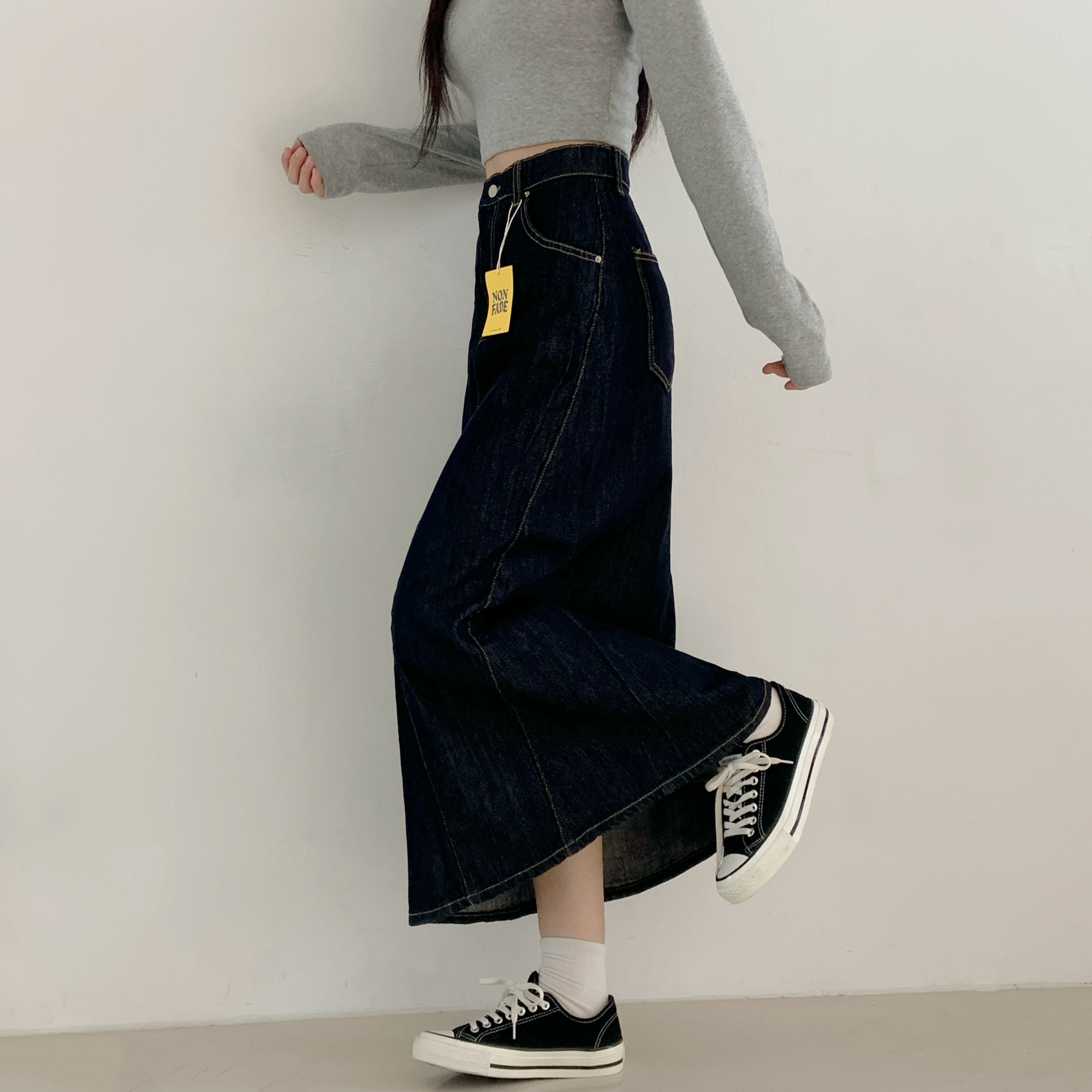 여성 논페이드 커브드 절개 맥시 청스커트 난스판 히든밴딩 롱데님 봄 롱청치마(S-XL) - 상세 이미지 3