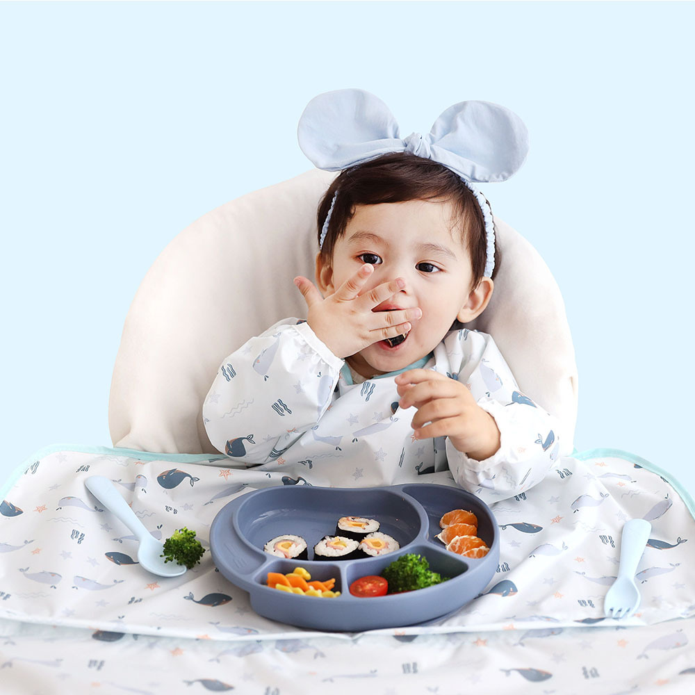 베이비클로 자기주도 턱받이 아기 이유식 가운 식탁일체형 방수 옷 앞치마 나시일반 고래블루 제품 이미지