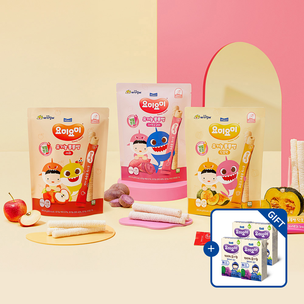 [골라담기] 요미요미 유기농롱롱뻥 사과 24g/자색고구마 24g/단호박 24g 2봉 (총 6봉) [+요미요미 유기농주스 블루베리포도 125ml 4팩 증정] 외 택1 제품 이미지