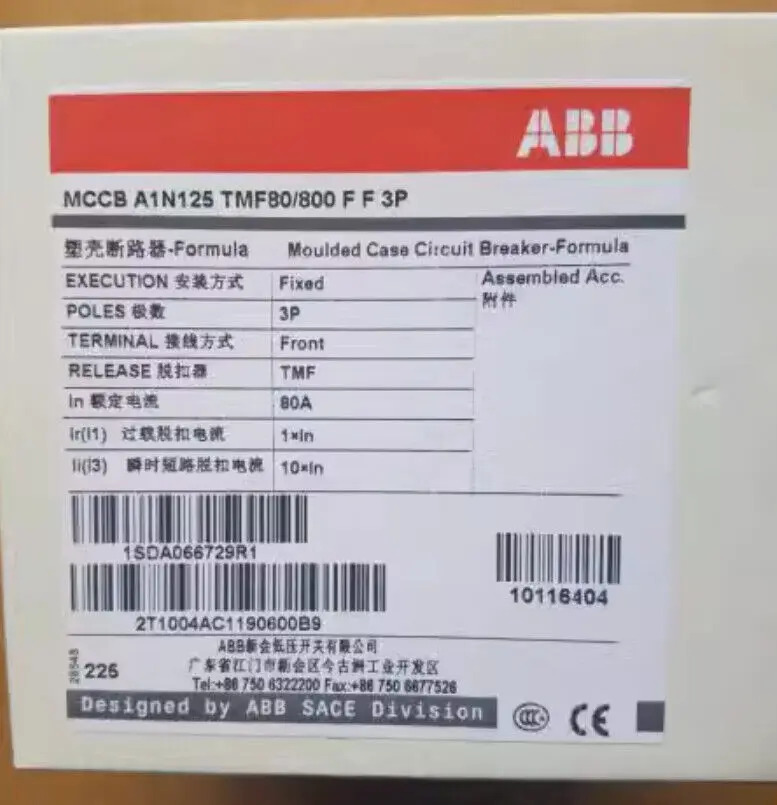 ABB 포뮬러 MCCB 성형 케이스 회로차단기 A1N125 TMF80/800 FF 3P