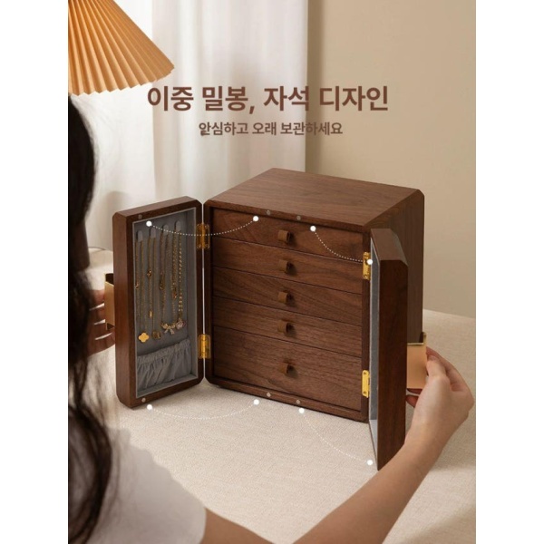 프리미엄 주얼리 보관함 액세서리 케이스 반지 목걸이 보물 상자 유리 모델 2겹 버전 잠금 해제 블랙 유리 모델 2겹 버전 잠금 해제 모델 블 - 상세 이미지 5