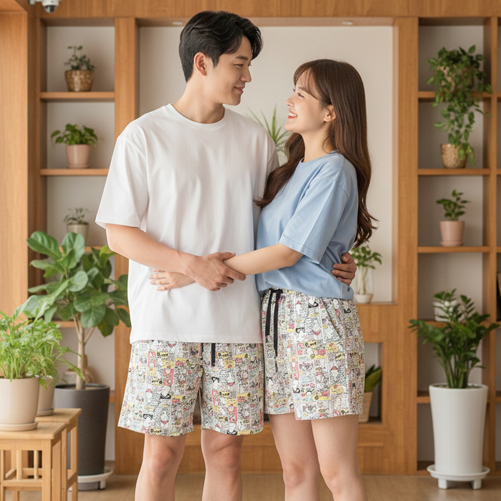 커플 바지 여성 남성 파자마 잠옷 홈웨어 4부 3부 쿠킹타임PJ - 상세 이미지 4