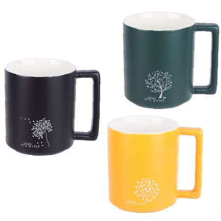 컬러 손잡이 도자기 음료컵 360ml 나무무늬 장식 가정용 카페 사무실 차 커피