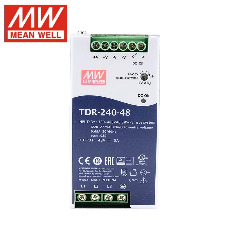 MEAN WELL TDR-240 시리즈 240W 역률 보정 기능 3상 슬림형 DIN 레일 전원공급장치 TDR-240-24 TDR-240-48