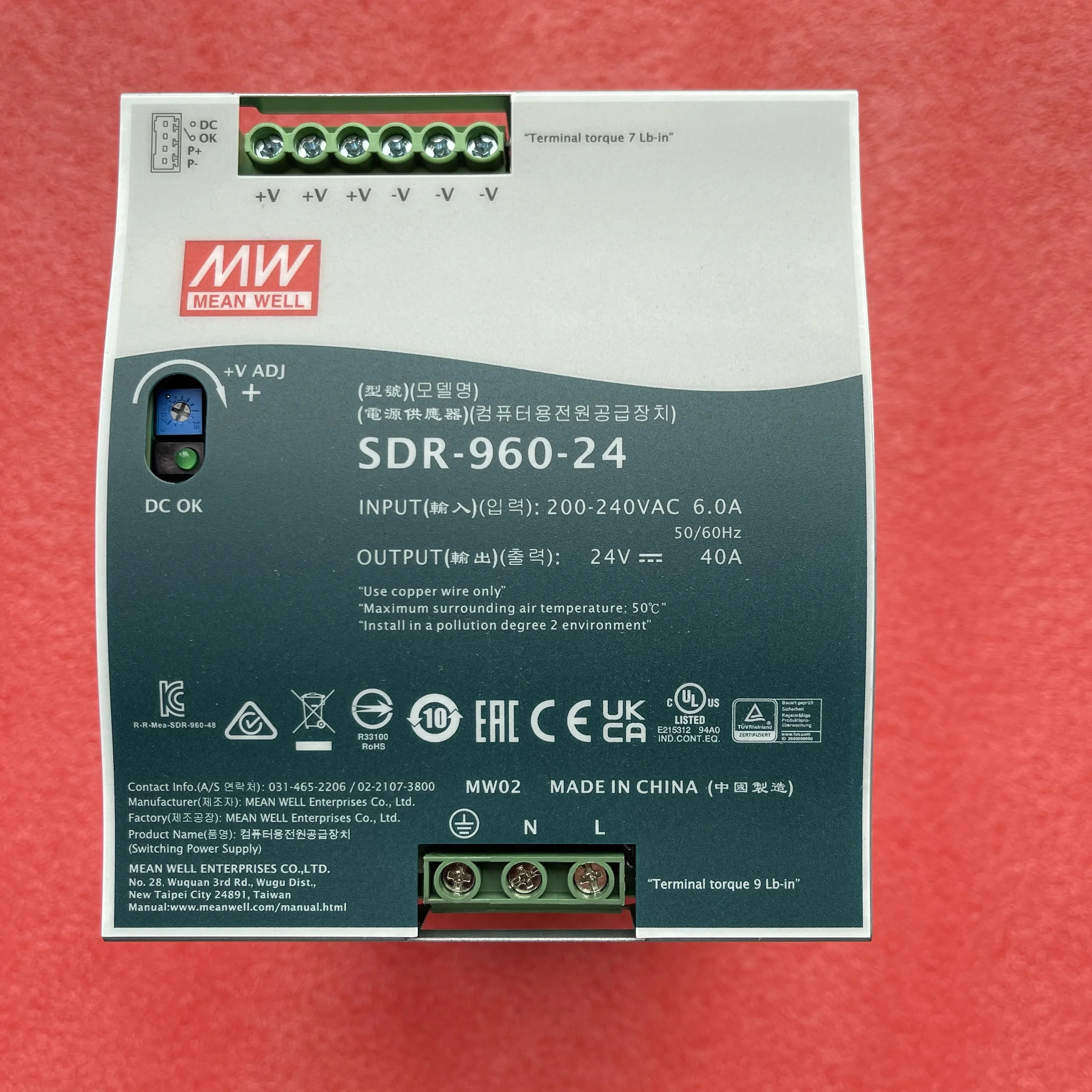 MEAN WELL SDR-960-24V 40A SDR-960-48V 20A 960W PFC 기능 단일 산업가이드 레일