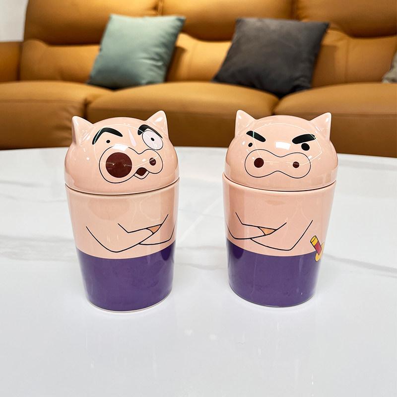 짱구 세라믹 물컵 뚜껑 포함 일본풍 머그컵 부리부리몬 우유 커피 캐릭터 컵 뚜껑 있는 부리부리몬 컵 스타일 2 - 상품 이미지