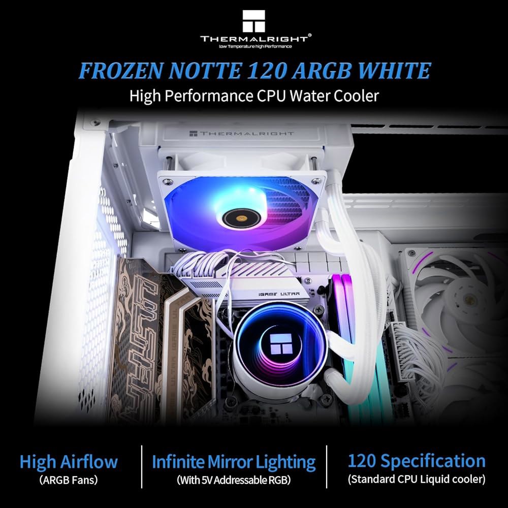 Thermalright Frozen Notte 120 ARGB 화이트 Aio CPU 쿨러, 사양 콜드 로우, PWM 쿨러 팬, 인텔 lga115x /1200 /1851 /1700, - 상세 이미지 2