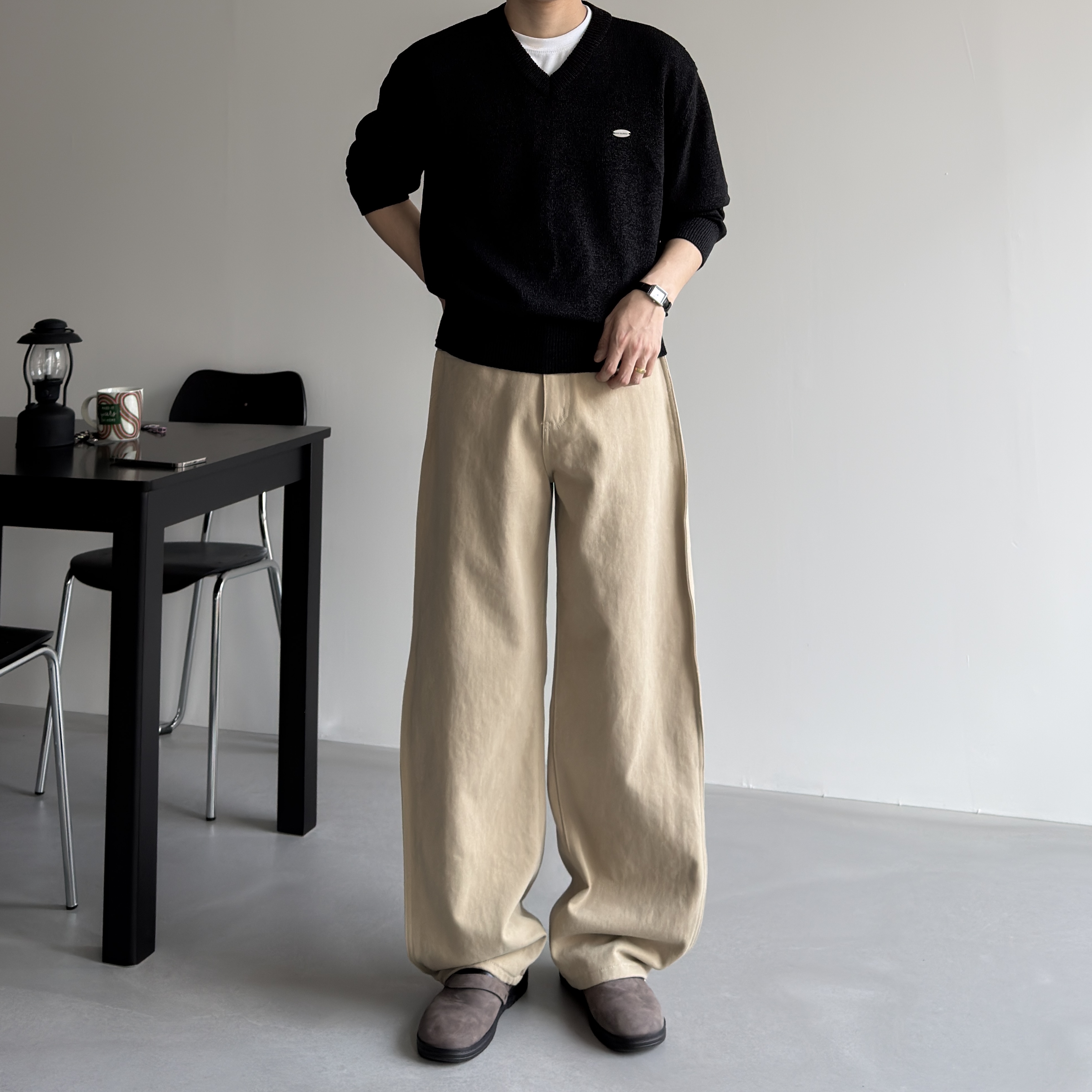 남자와이드팬츠 치노팬츠 통큰바지 숏, 블랙, L(30) - 상세 이미지 2