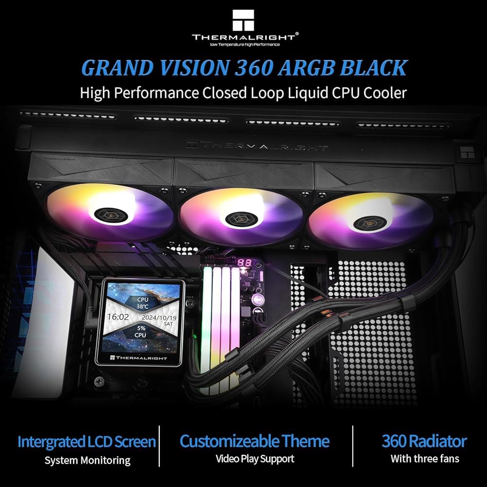 Thermalright Grand Vision 360 ARGB 블랙 CPU AIO 쿨러, PC 사양 워터 쿨러 시스템, 480x480 해상도의 IPS LCD 화면, AM4 / AM - 상세 이미지 2