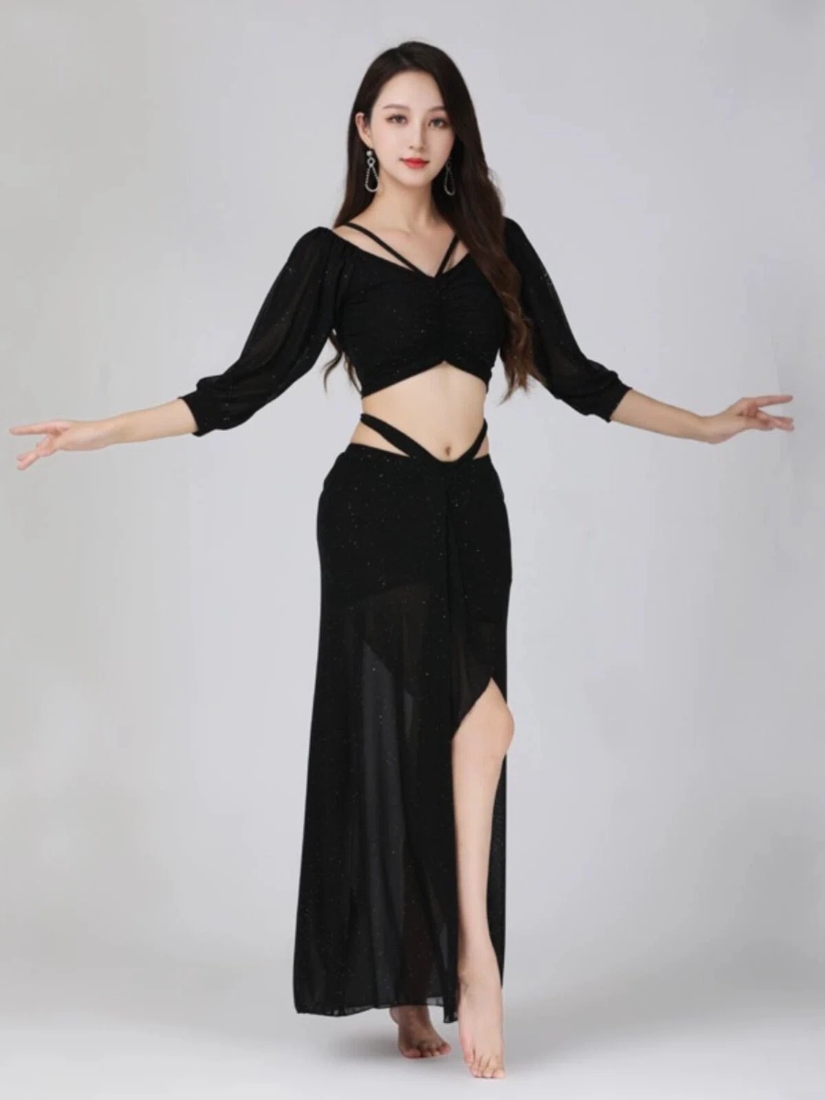 벨리 라인 댄스복 밸리댄스 라틴 줌바옷 롱스커트 댄스스포츠 E. 하얀색, A. M - 상세 이미지 4