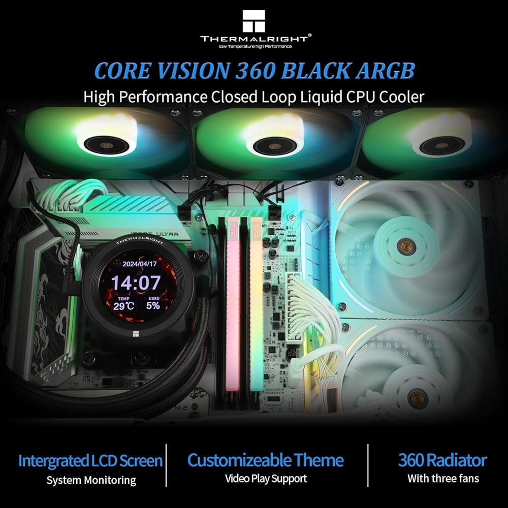 Thermalright CORE Vision 360 블랙 ARGB CPU 워터 쿨러, 2000PRM을 갖춘 3개의 PWM 팬 쿨링 시스템, AM4 / AM5 & Intel LGA1 - 상세 이미지 2