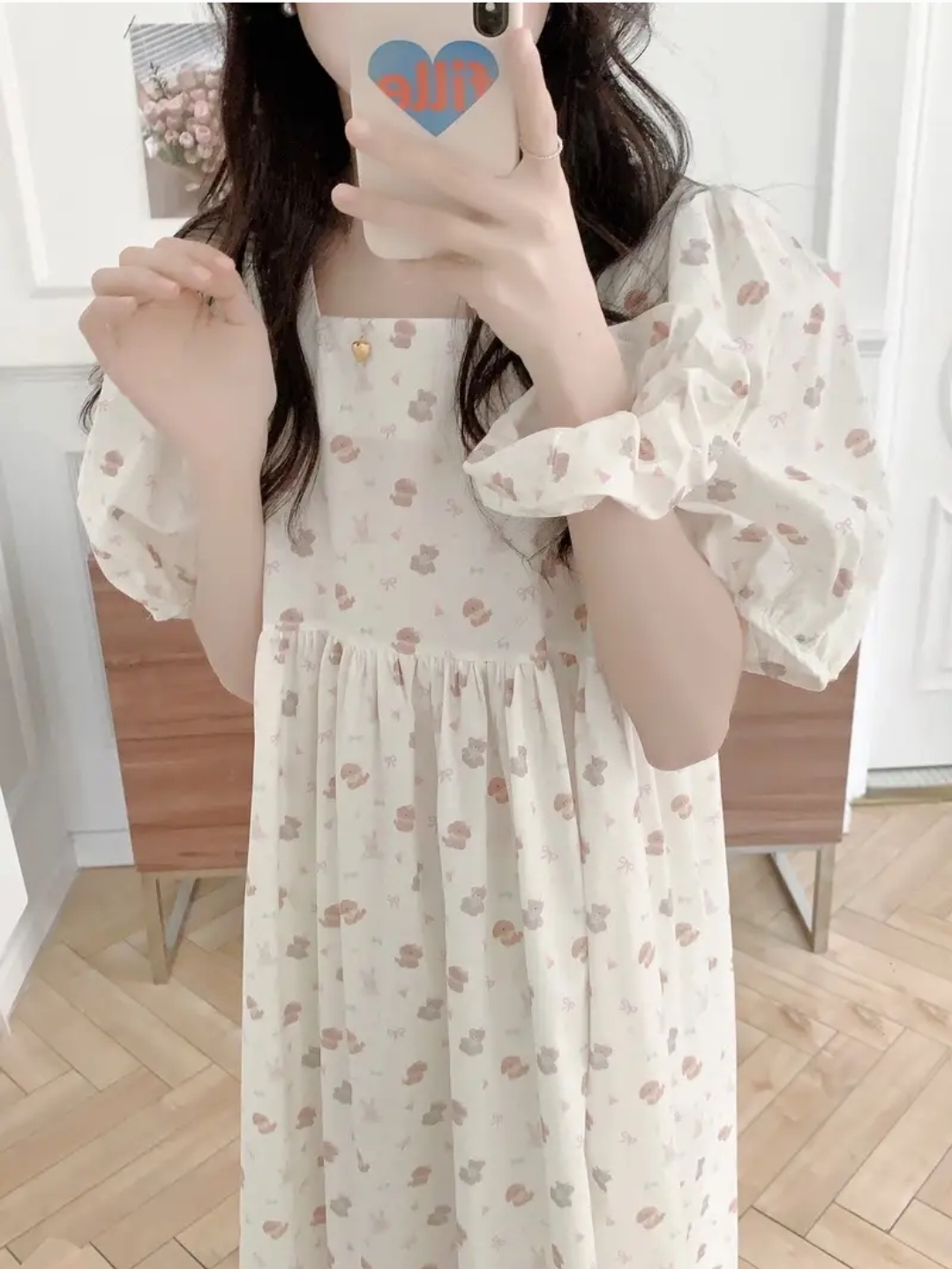 퍼프소매 빅사이즈 임산부 반팔 원피스잠옷 여행룩 파자마파티 홈웨어 - 상세 이미지 3