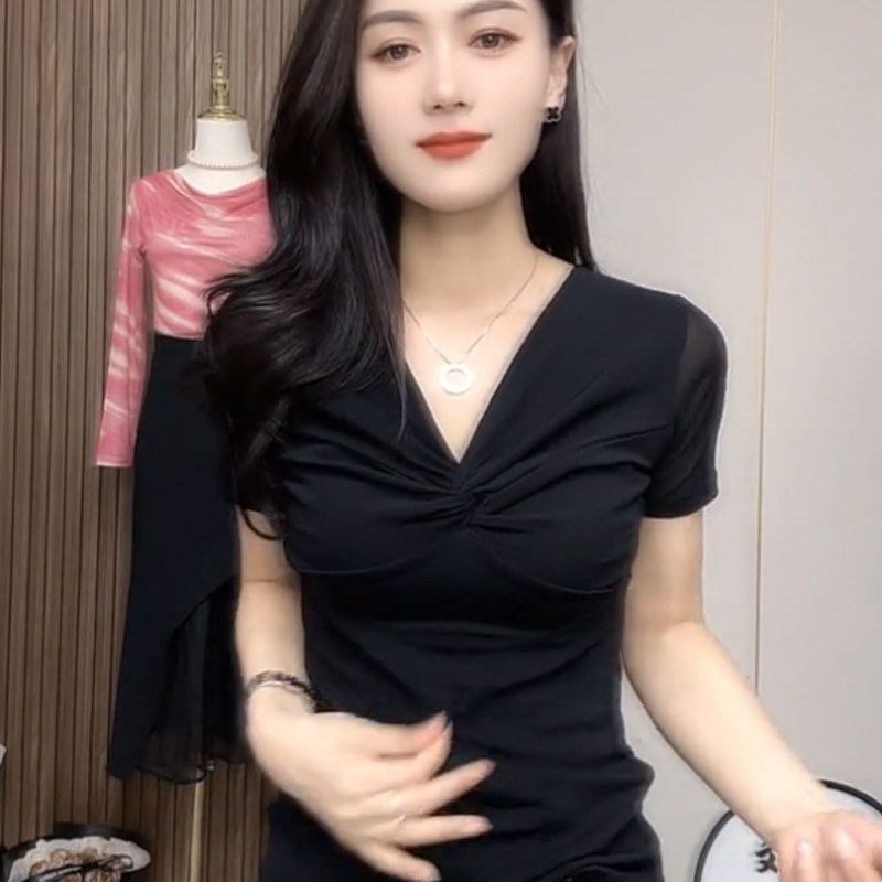 여성 댄스복 상의 가을 겨울 트렌디 호피무늬 섹시 신축성 시스루 얇은 긴팔 브이넥 - 상품 이미지