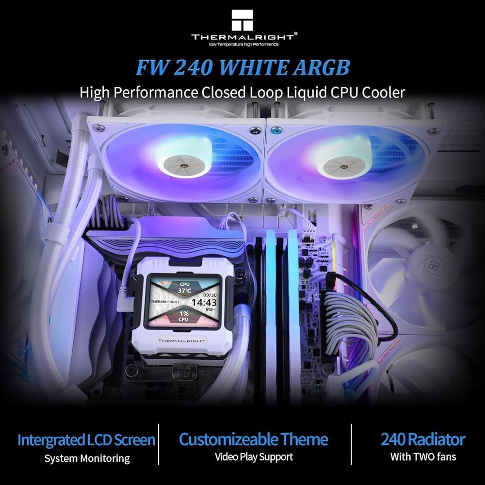 Thermalright FW240 화이트 ARGB CPU AIO 쿨러, PC 240 사양 워터 쿨러 시스템, 320 해상도의 IPS LCD 화면, AM5 & Intel LGA170 - 상세 이미지 2