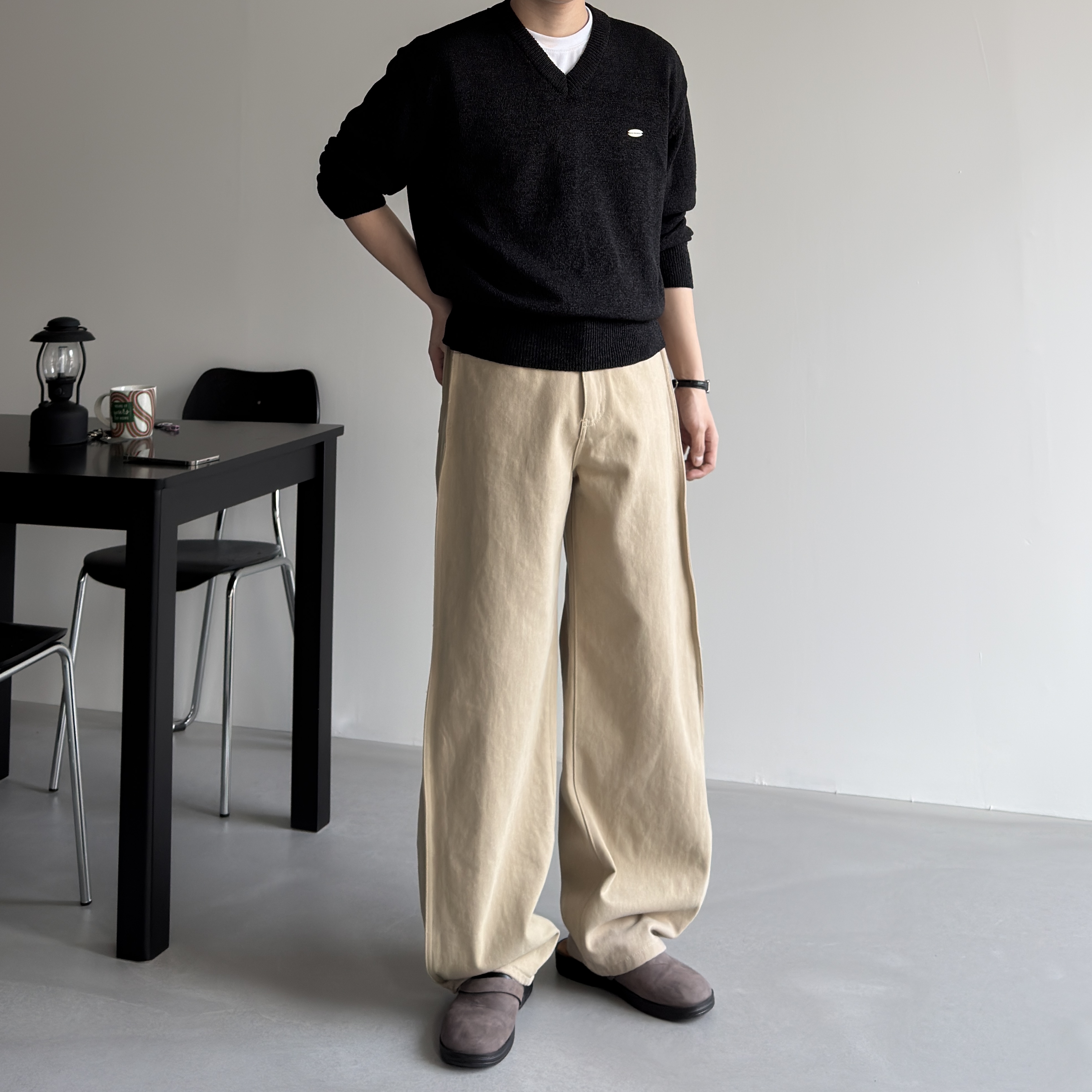 남자와이드팬츠 치노팬츠 통큰바지 숏, 블랙, L(30) - 상세 이미지 3