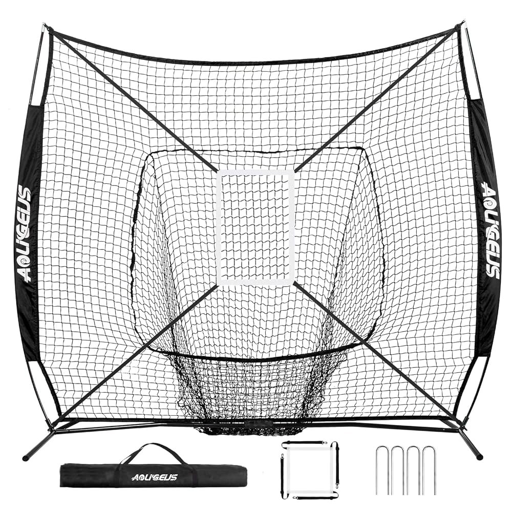 AOLIGEIJS 7 X7 야구 소프트볼 연습 네트, 피칭 배팅 베이스볼 티, 보너스 스트라이크 존, 활 프레임으로 타격, 투구, 캐치를 할 수 있습니다 - 상품 이미지
