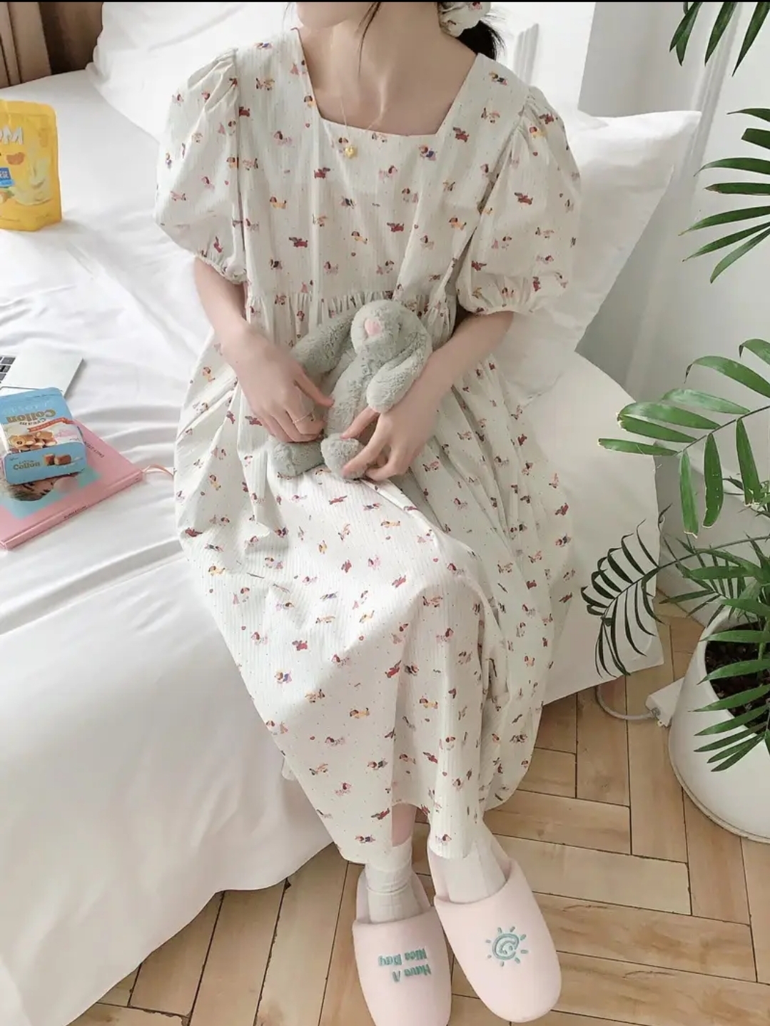 퍼프소매 빅사이즈 임산부 반팔 원피스잠옷 여행룩 파자마파티 홈웨어 - 상세 이미지 2