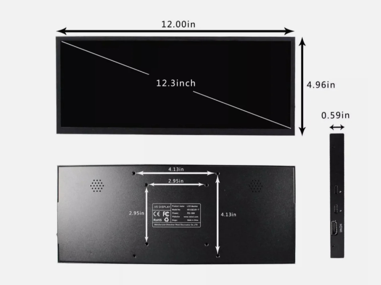 12.3인치 1920x720 IPS USB C HDMI 와이드 스트립 바 LCD 터치 모니터