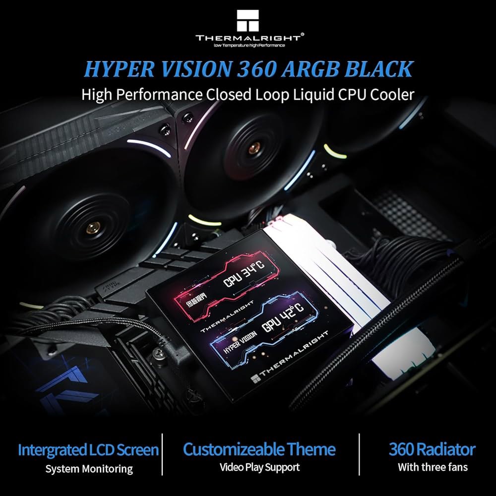 Thermalright HyperVision 360 ARGB 블랙 CPU AIO 쿨러, PC 사양 워터 쿨러 시스템, 480x480 해상도의 IPS LCD 화면, AM4 /AM5용 - 상세 이미지 3