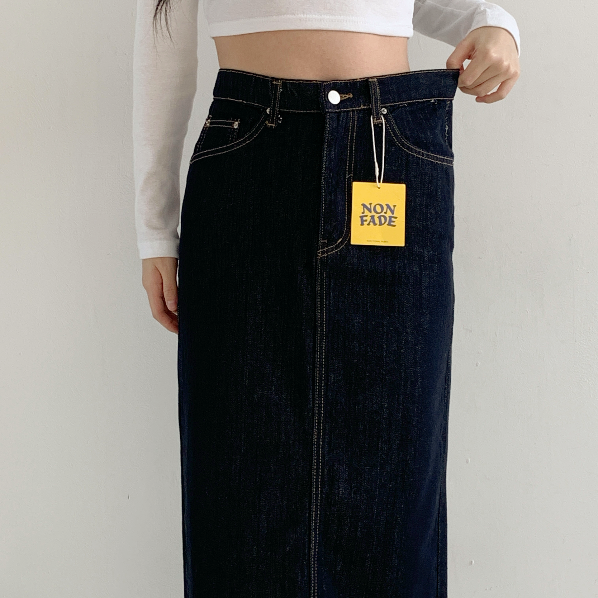 여성 논페이드 롱데님 스커트 허리 히든밴딩 맥시 롱청치마 뒷트임sk(S-XL) - 상세 이미지 5