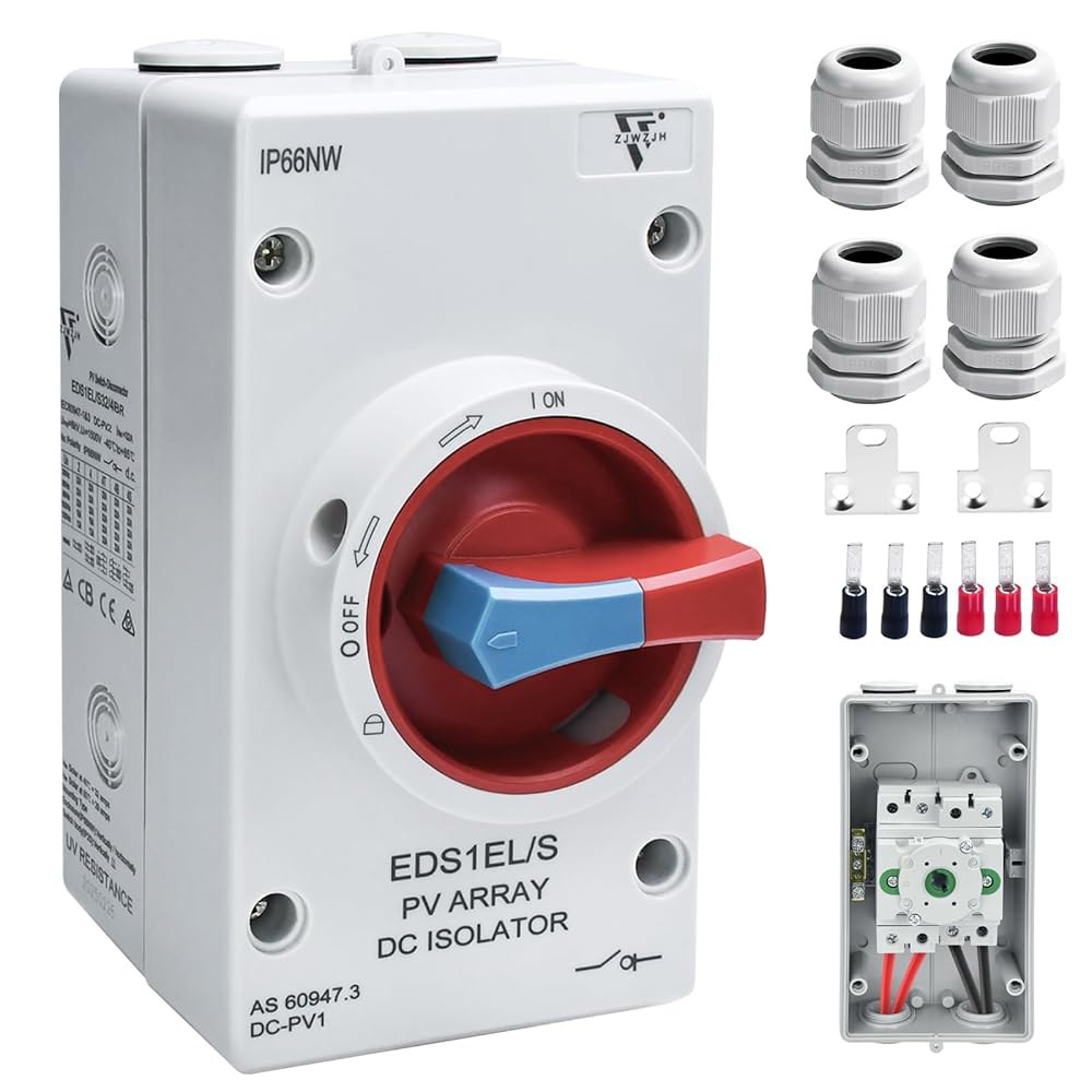 ZJWZJH 32Amp 태양열 차단 스위치 옥상 DC1500V 하단 아이솔레이터 태양계 출력용 입력 1아웃, 및 IP66, 방수 스위치, 2.5cm(1인치) 4극 인클로저 - 상품 이미지