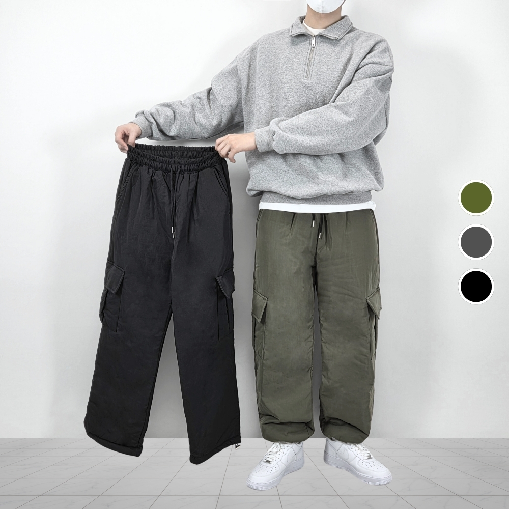 남자패딩바지 누빔 솜 작업복 카고 와이드 건빵 전술 팬츠 바지 - 상품 이미지