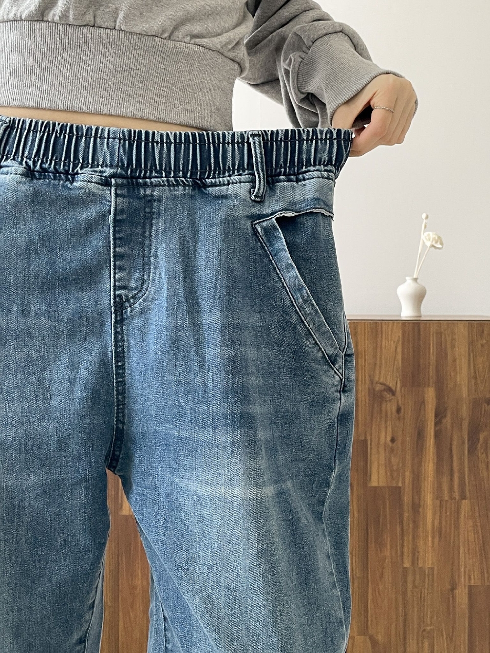 키작녀청바지 세미 배기 하이웨스트 보이핏 고무줄 데님팬츠 - 상세 이미지 5
