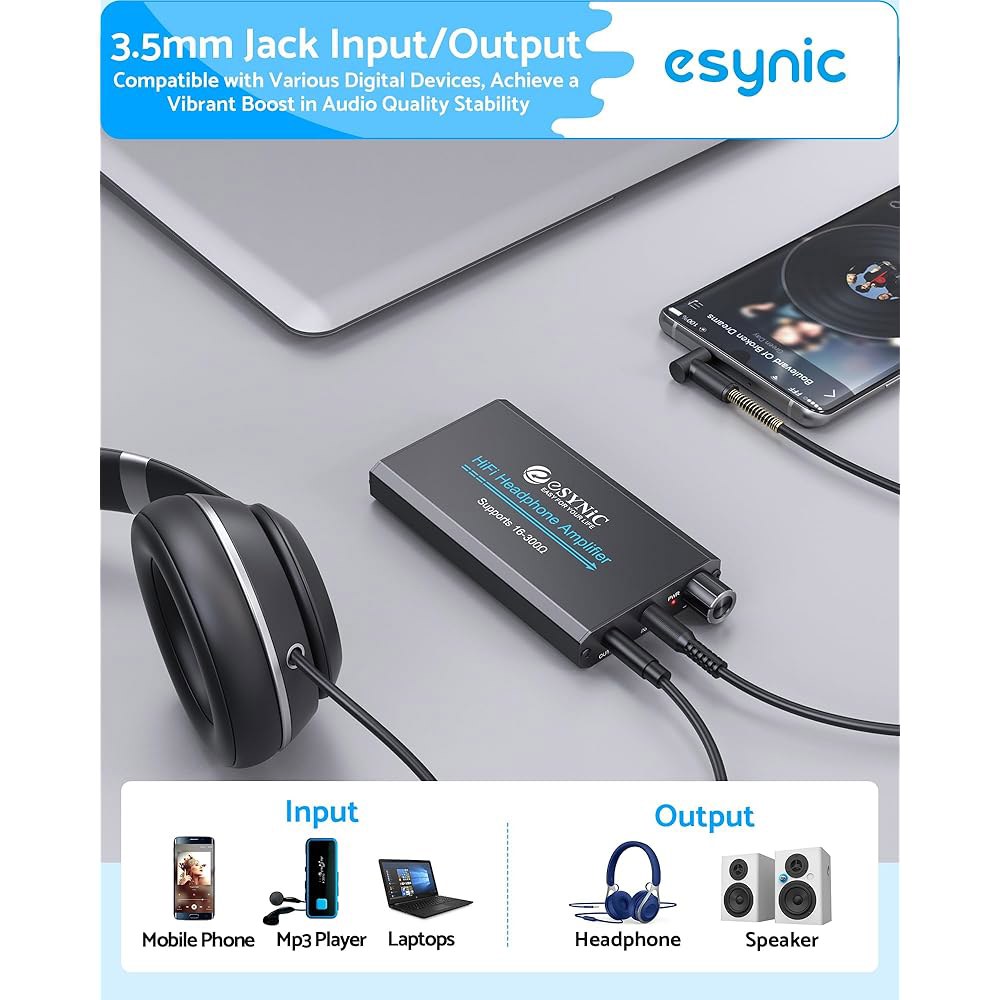 휴대폰 / 노트북 PC MP4 게임 콘솔용 eSynic 16-300옴 휴대용 헤드폰 앰프 - 게인 스위치 및 볼륨 조절-알루미늄 합금 3.5mm AUX 오디오 포함 1000mAH - 상세 이미지 3