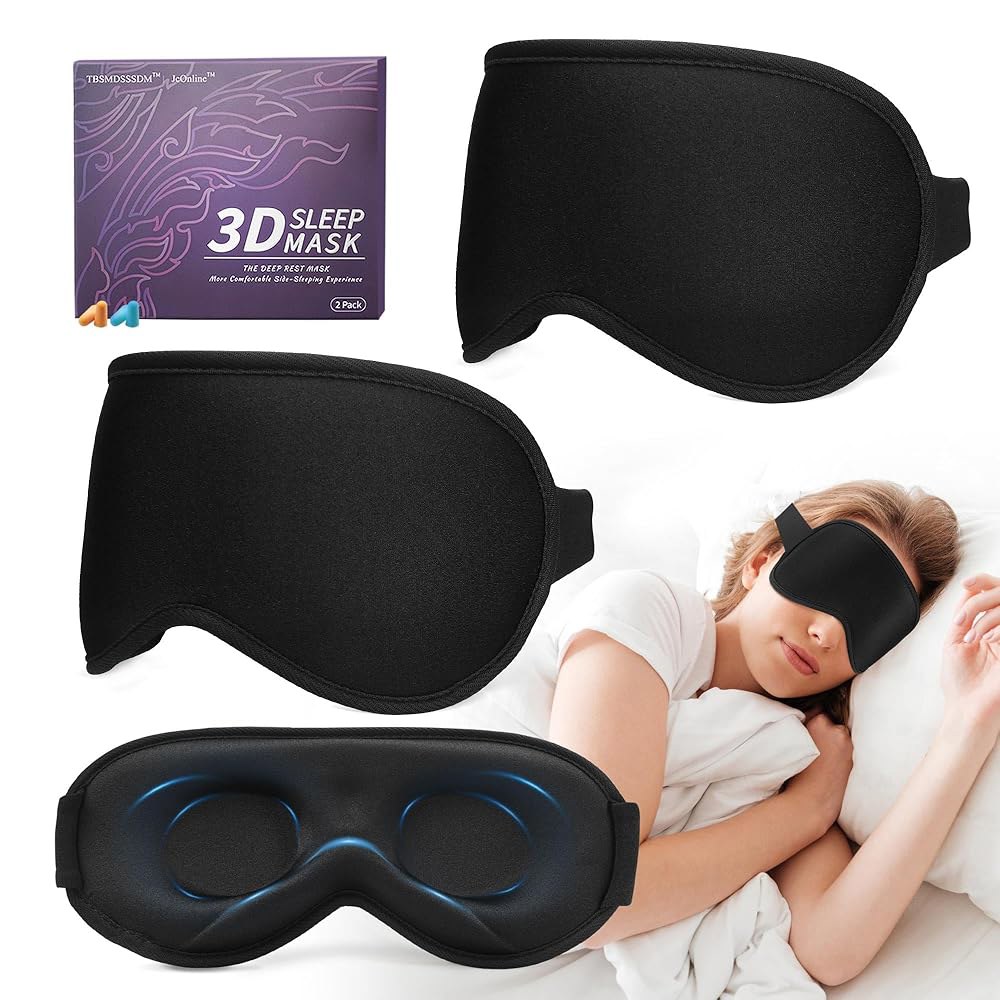 남성용 3D 수면 안대 여성용 2팩, 사이드 슬리핑용 블랙아웃 마스크, 메모리 폼 조절 및 세척 가능, 비행기 여행 필수품 커플 요가 명상 사무실 블랙앤블랙 - 상품 이미지