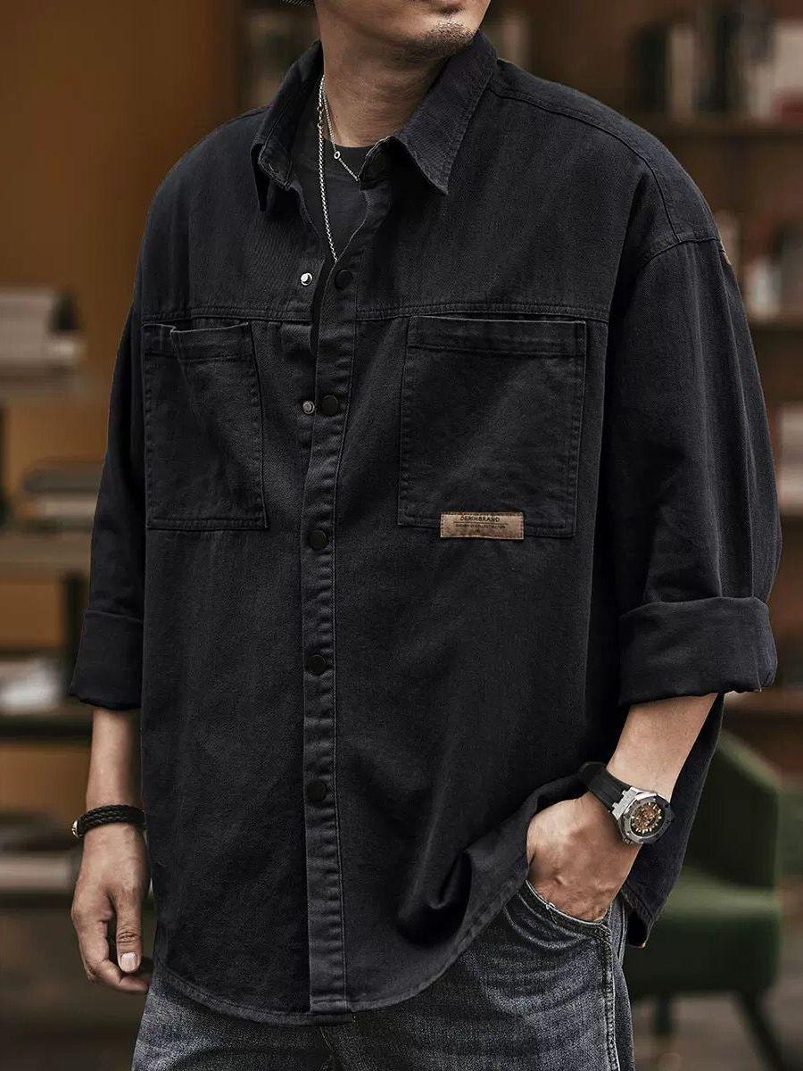 남성 오버핏 포켓 긴소매 셔츠 봄 가을 레트로 간절기 캐주얼 남방 올리브그린 XXL 70.0-75.0kg - 상세 이미지 2