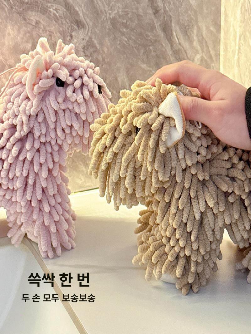 극세사 타올 귀여운 캐릭터 주방 걸이형 손닦는수건 핸드타올 브라운 180 x 250x150mm - 상세 이미지 4