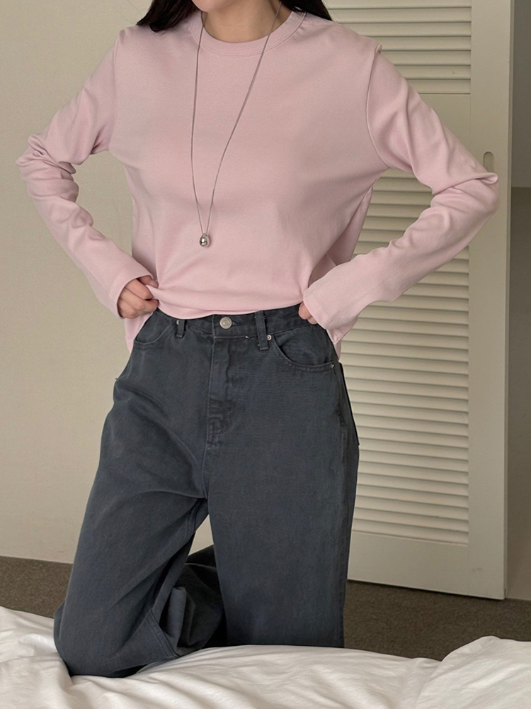 부드러운 코튼 혼방 가을 여성 티셔츠 기본 라운드 레이어드 이너티 여자 긴팔티 - 상세 이미지 5