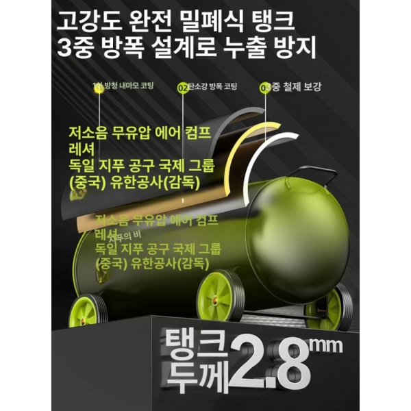 최신형 무소음 휴대용 오일프리 소형 공기 압축기 저소음 에어컴프레서 산업용 송풍기 전동 고압 12L 다층 강화 스틸 통 1100W 12L 다층 스마트 시작 초속 기체 안전 방폭 - 상세 이미지 4