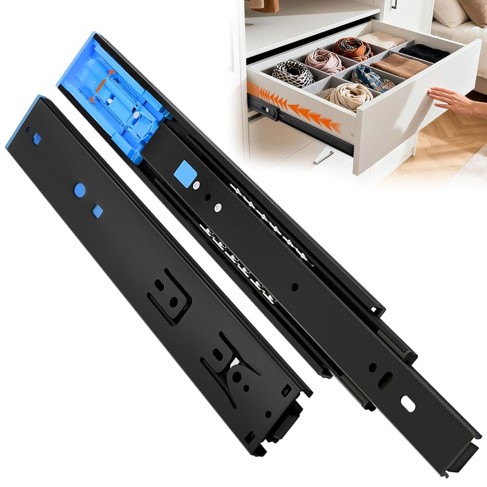 ToBeGreat 푸시 투 오픈 소프트 레일 주방 25.4cm(10인치) 드레서 슬라이드 클로즈 전체 나이트 서랍 러너 연장 마운트 볼 사이드 블랙, 스탠드 1쌍 글라이드 45.4 - 상품 이미지