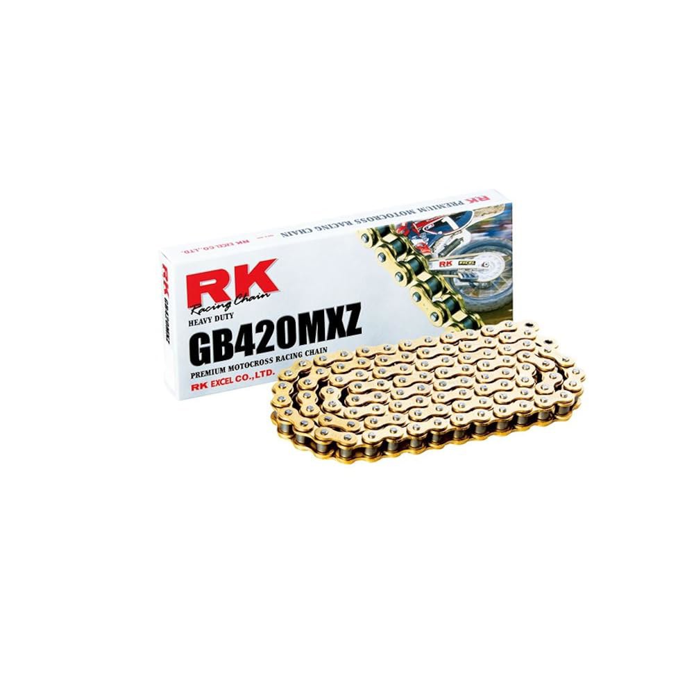 RK 레이싱 체인 GB420MXZ-124 (420 시리즈) 골드 124 링크 헤비 듀티 MX / SX 비오링 체인과 커넥팅 70 Link Steel - 상품 이미지