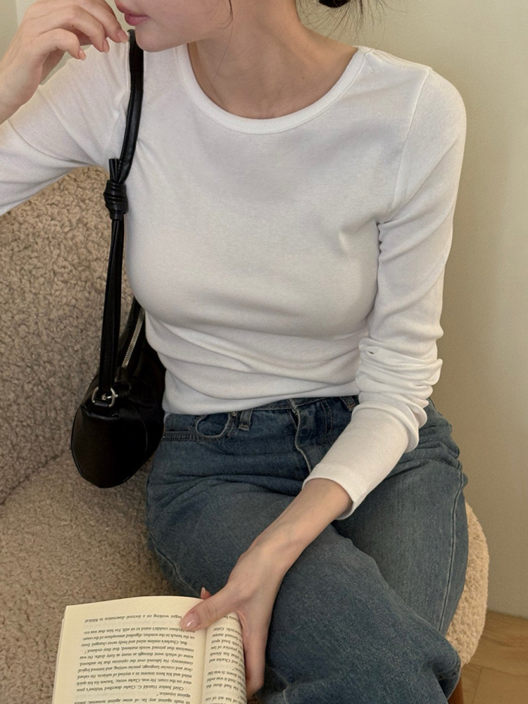 슬림핏 와이드 유넥 골지 코튼 스판 모달 이너티 봄 여성 티셔츠 기본 레이어드 여자 긴팔티 - 상품 이미지