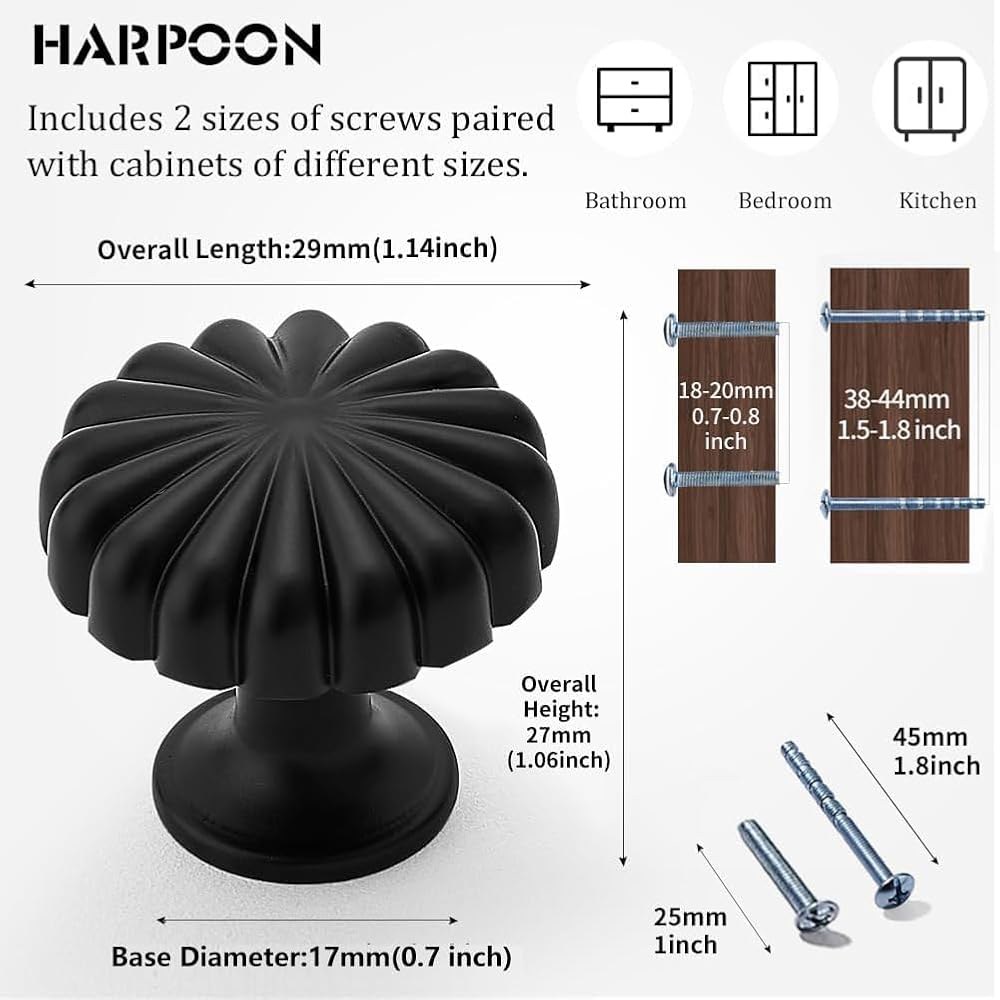 HARPOON 캐비닛 손잡이, 빈티지 원형 주방 옷장, 2.8cm(1.1인치) 29mm 서랍 핸들 바 블랙 풀 하드웨어 매트 모던 10팩 - 상세 이미지 3